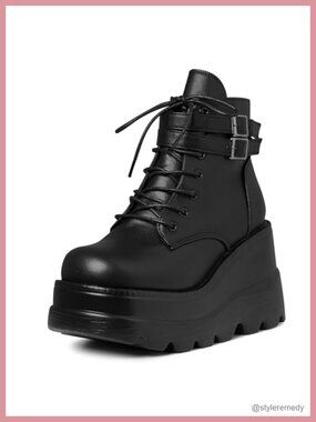 Goth Platform Boots for Women - Chunky Wedge Heel Lace Up Bootie